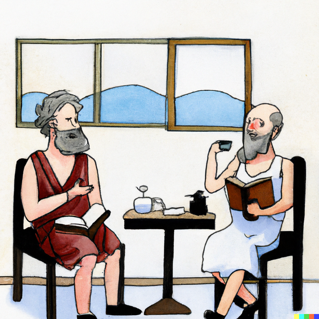 DALLE: Aristotle and Socrates having discussion while drinking coffee at a salon.
